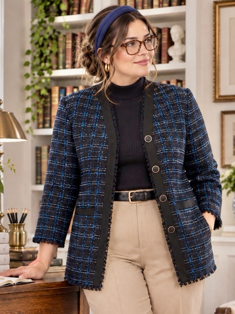 Ann Taylor Tweed Longline Jacket Women’s 12 Black Blue Fringe Lady Jacket